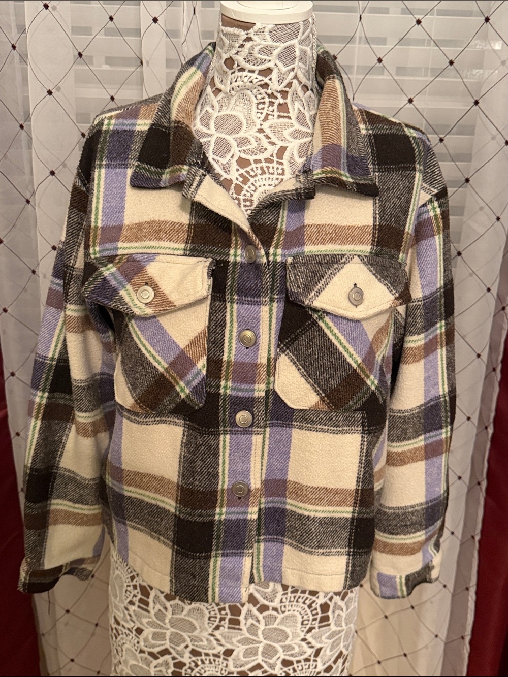 New Look Plaid Shacket Jacket in Cream, Brown & Lavender (139)
